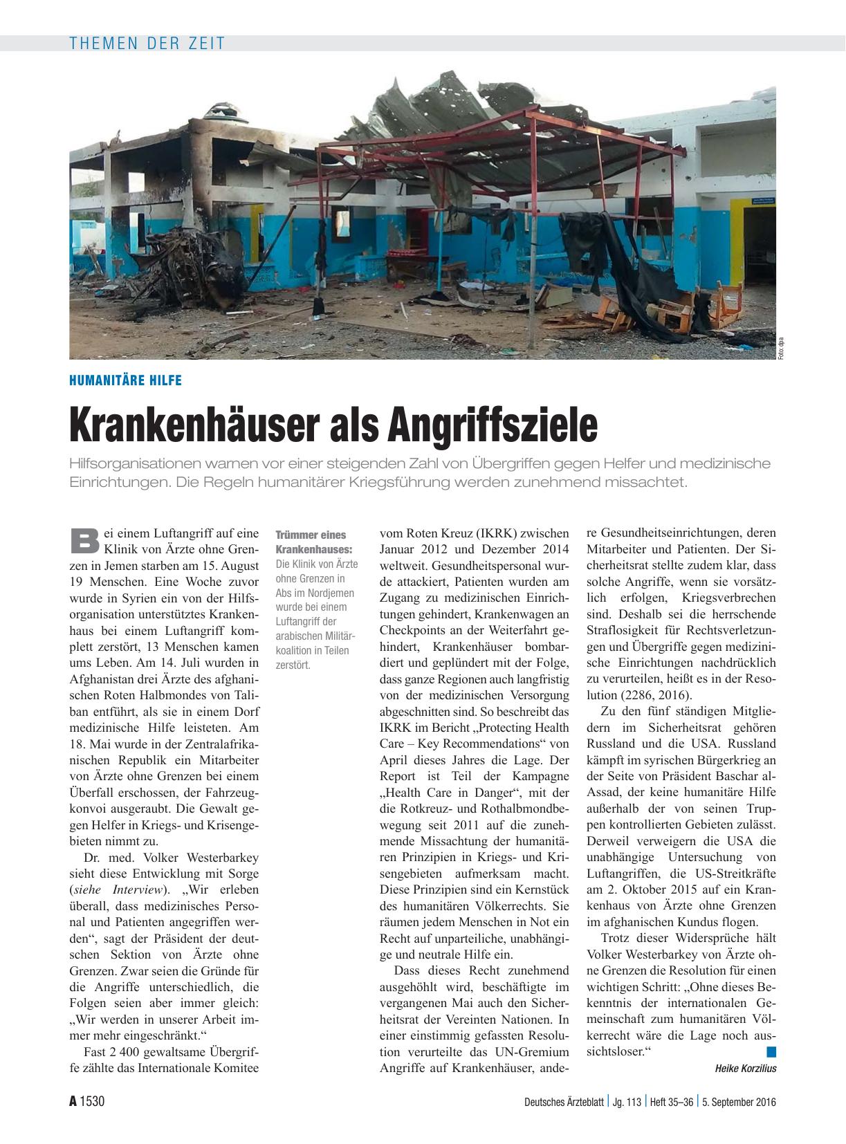 Vorschauseite 1: Humanitäre Hilfe: Krankenhäuser als Angriffsziele