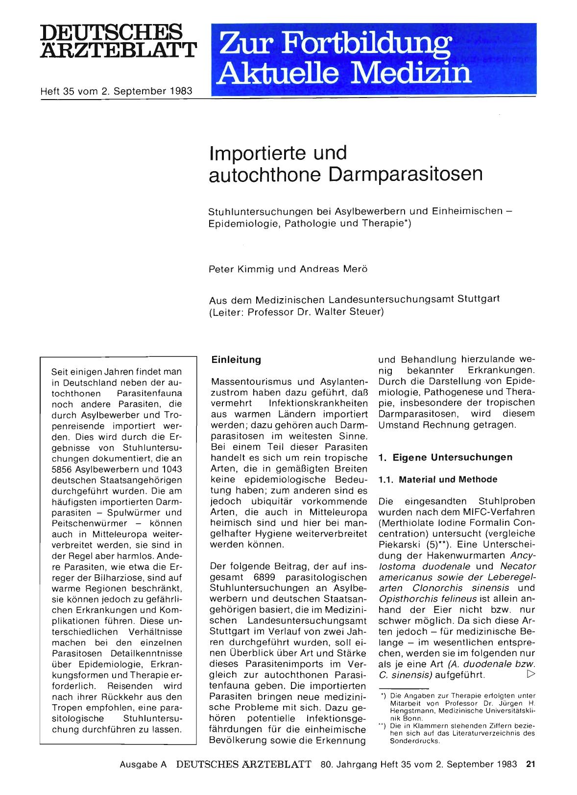 Vorschauseite 1: Importierte und autochthone Darmparasitosen