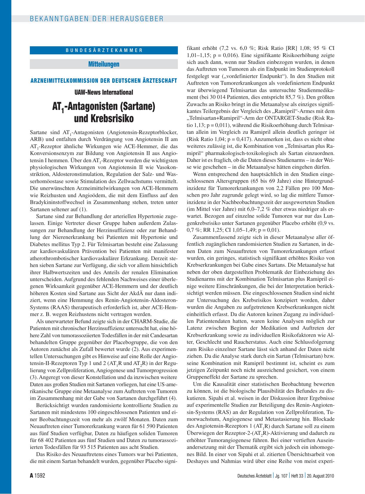 Vorschauseite 1: Arzneimittelkommission der deutschen Ärzteschaft: UAW-News International AT 1 -Antagonisten (Sartane) und Krebsrisiko
