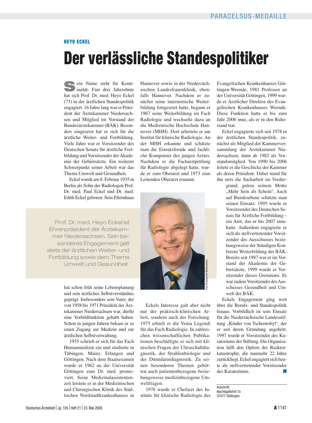 Vorschauseite 1: Heyo Eckel: Der verlässliche Standespolitiker