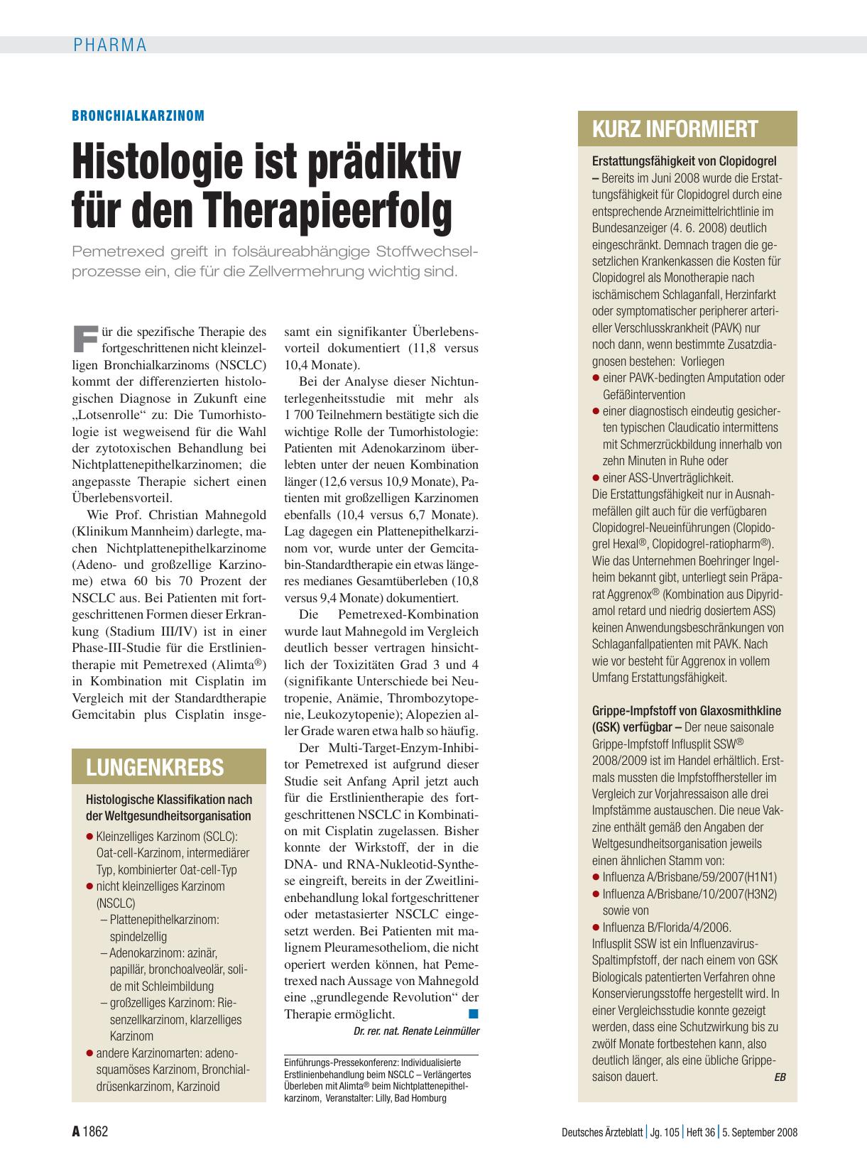 Vorschauseite 1: Bronchialkarzinom: Histologie ist prädiktiv für den Therapieerfolg