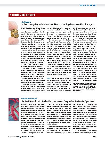 Vorschauseite 1: Cholelithiasis: Frühe Cholezystektomie ist konservativer und verzögerter Intervention überlegen