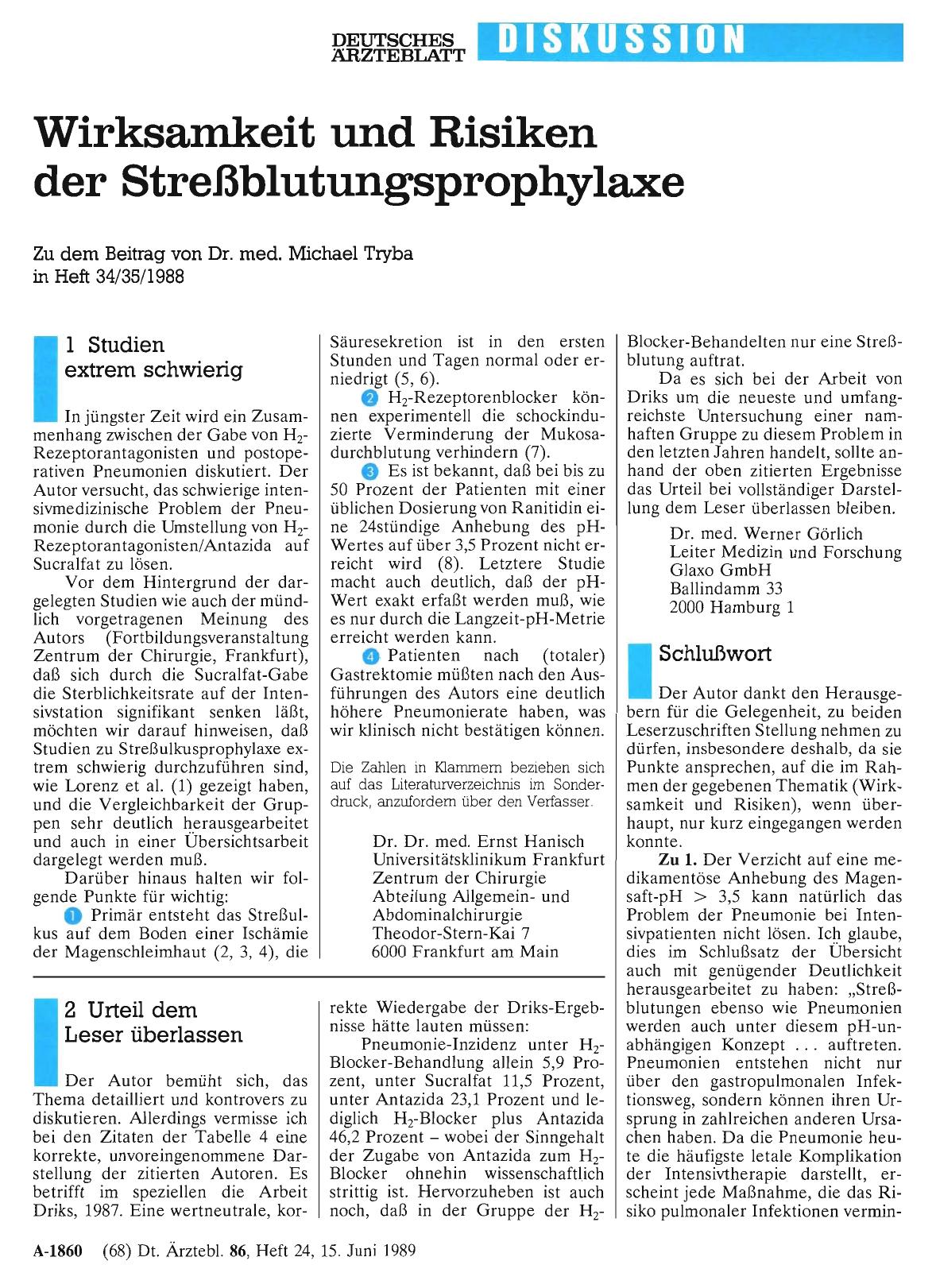 Vorschauseite 1: Wirksamkeit und Risiken der Streßblutungsprophylaxe: Schlußwort