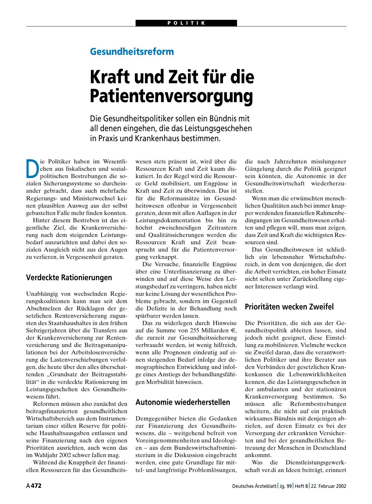 Vorschauseite 1: Gesundheitsreform: Kraft und Zeit für die Patientenversorgung