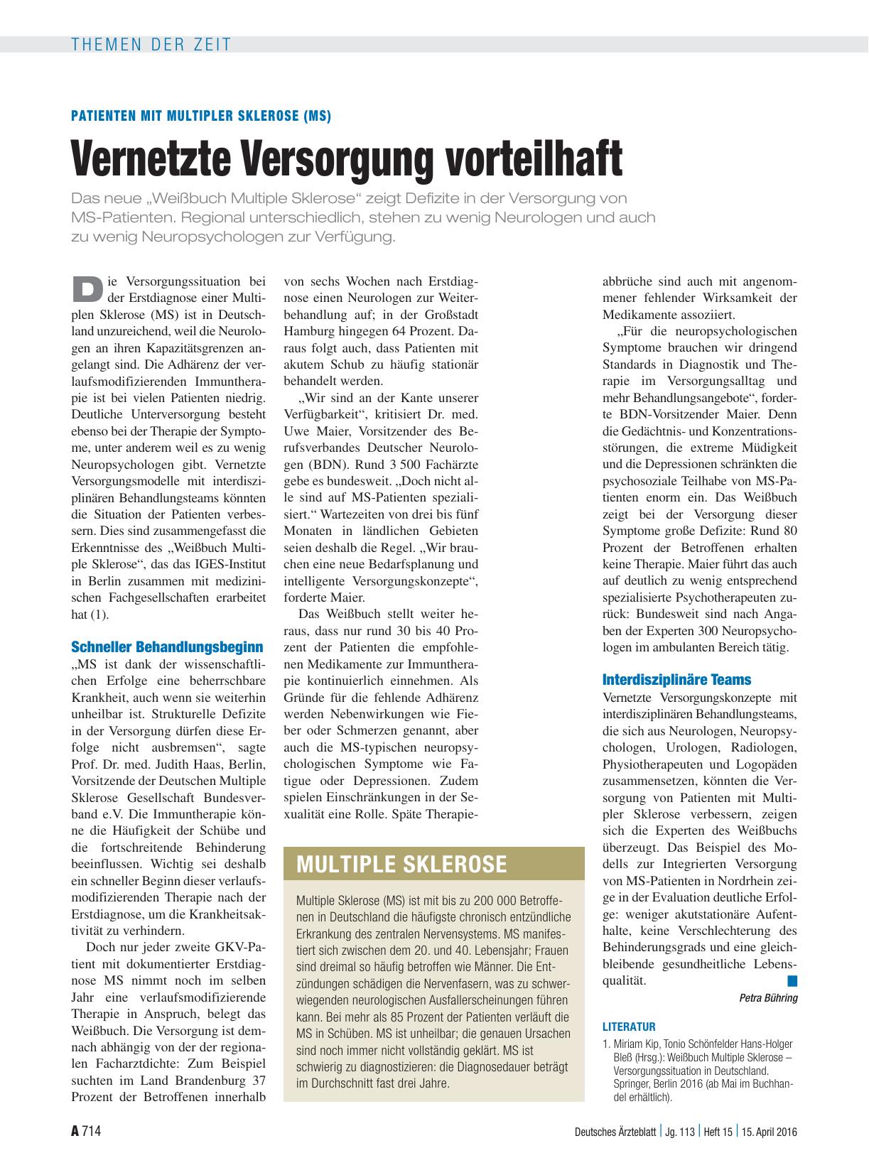 Vorschauseite 1: Patienten mit Multipler Sklerose (MS): Vernetzte Versorgung vorteilhaft