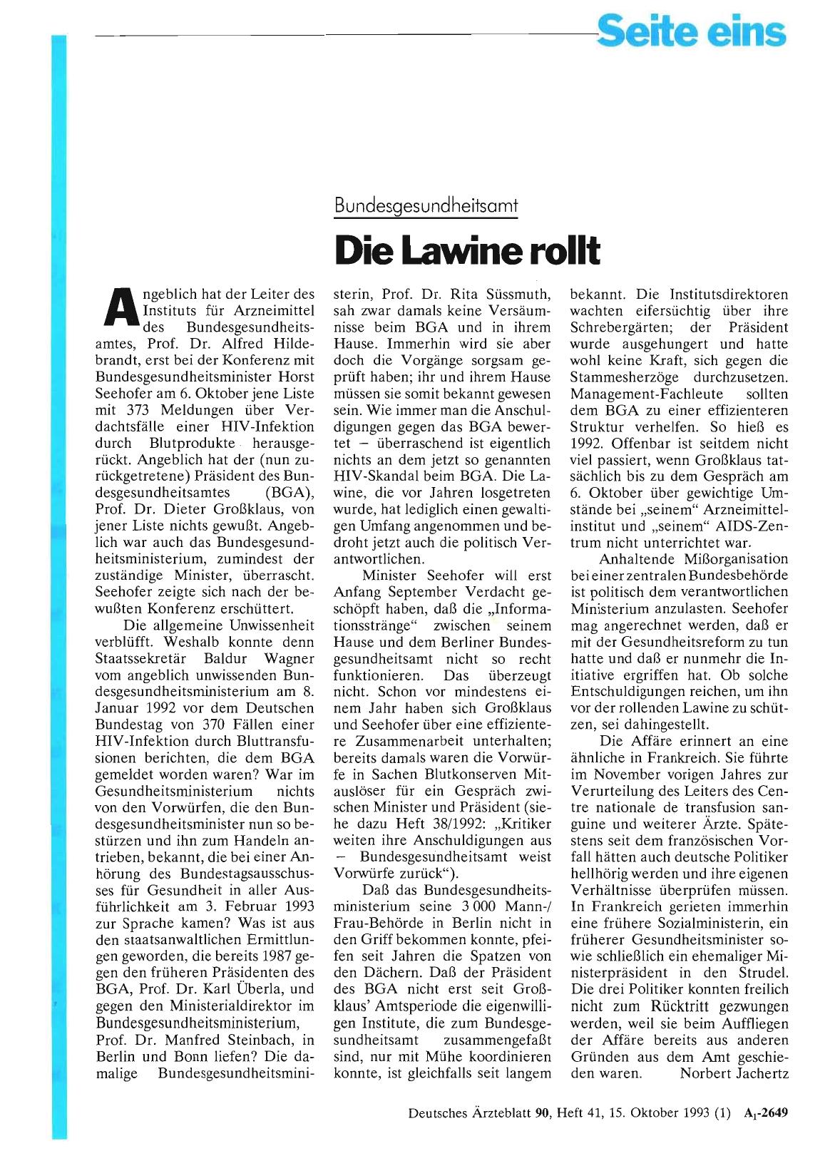 Vorschauseite 1: Bundesgesundheitsamt Die Lawine rollt