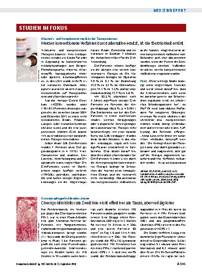 Vorschauseite 1: Gastroösophageale Adenokarzinome: Checkpointinhibitor als Zweitlinie nicht effektiver als Taxan, aber verträglicher