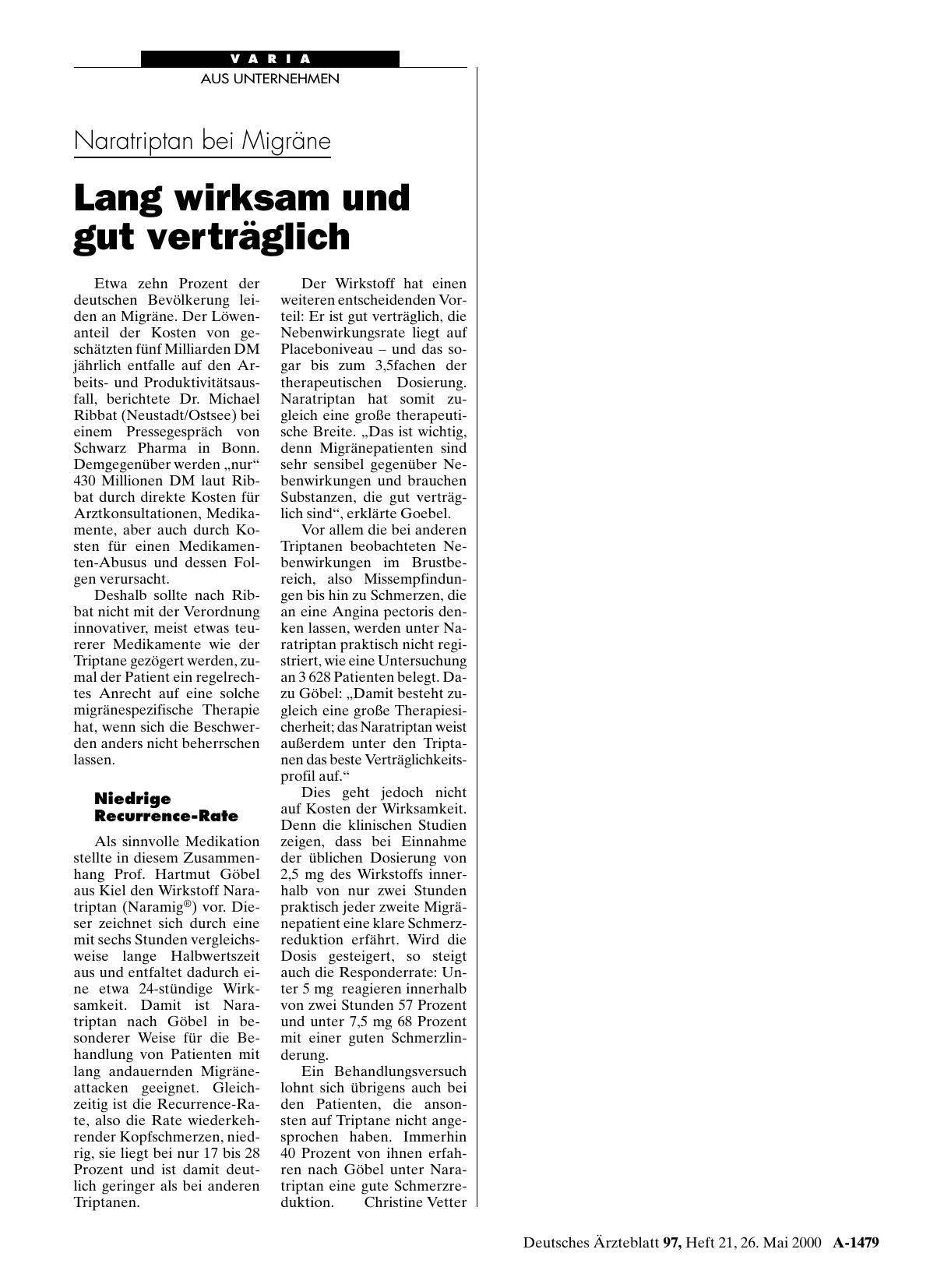 Vorschauseite 1: Naratriptan bei Migräne: Lang wirksam und gut verträglich