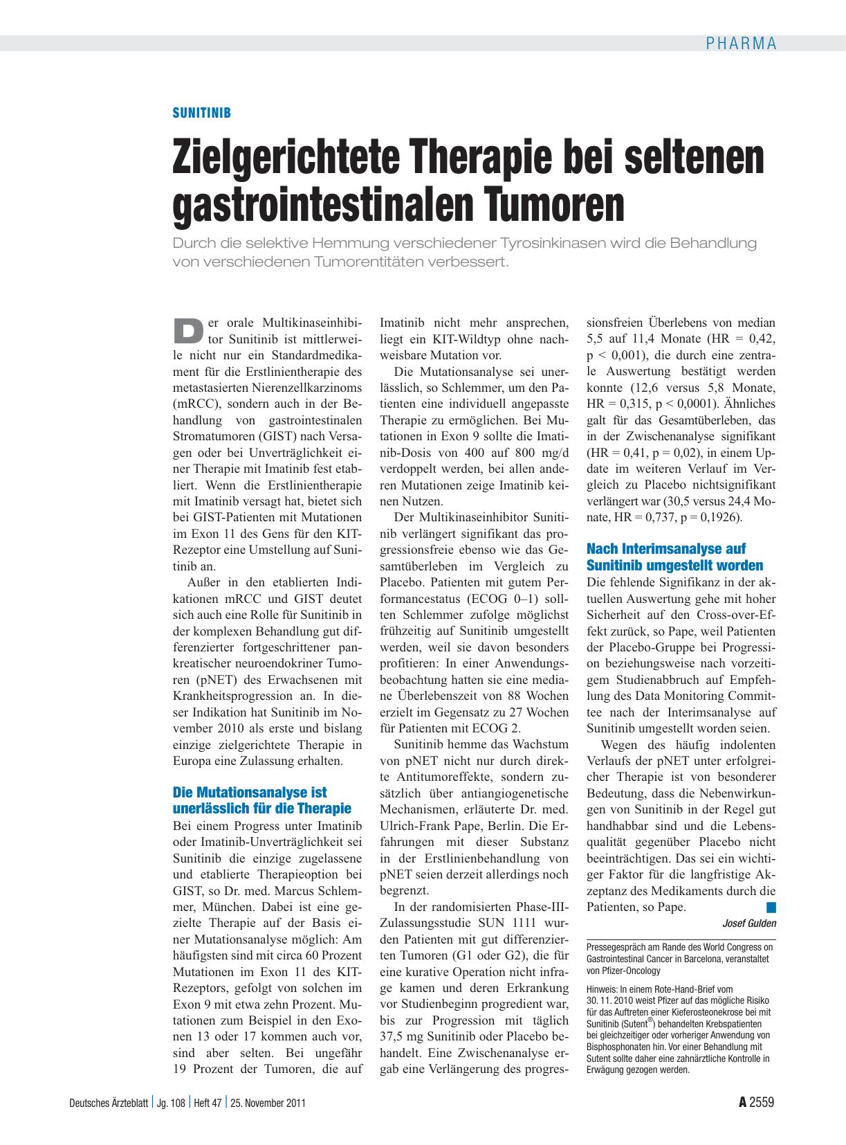 Vorschauseite 1: Sunitinib: Zielgerichtete Therapie bei seltenen gastrointestinalen Tumoren