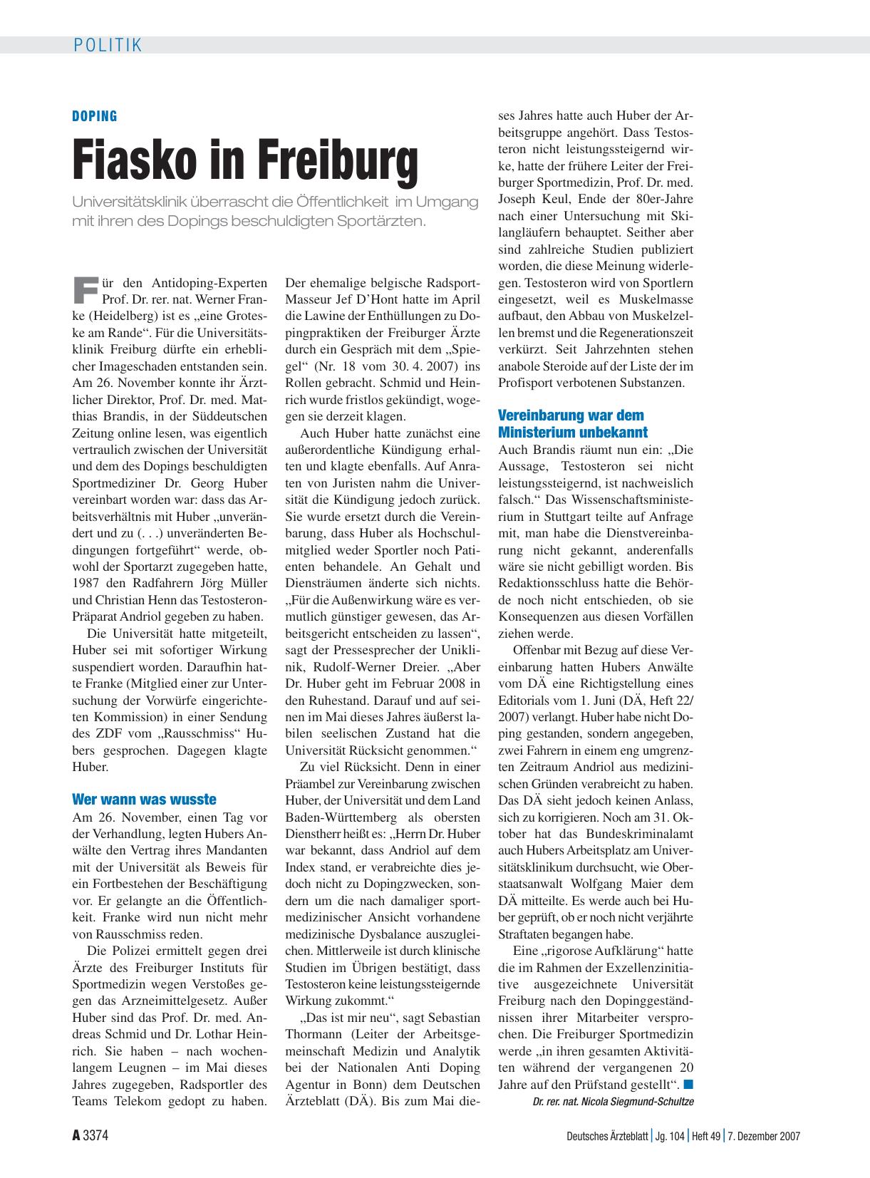 Vorschauseite 1: Doping: Fiasko in Freiburg