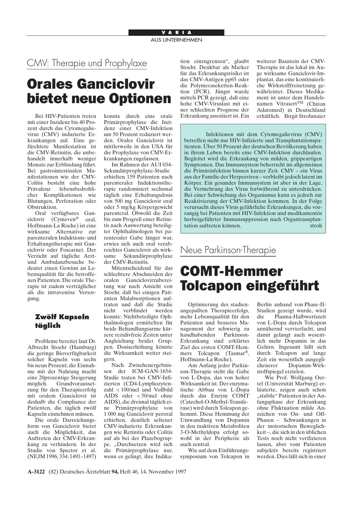 Vorschauseite 1: Neue Parkinson-Therapie: COMT-Hemmer Tolcapon eingeführt