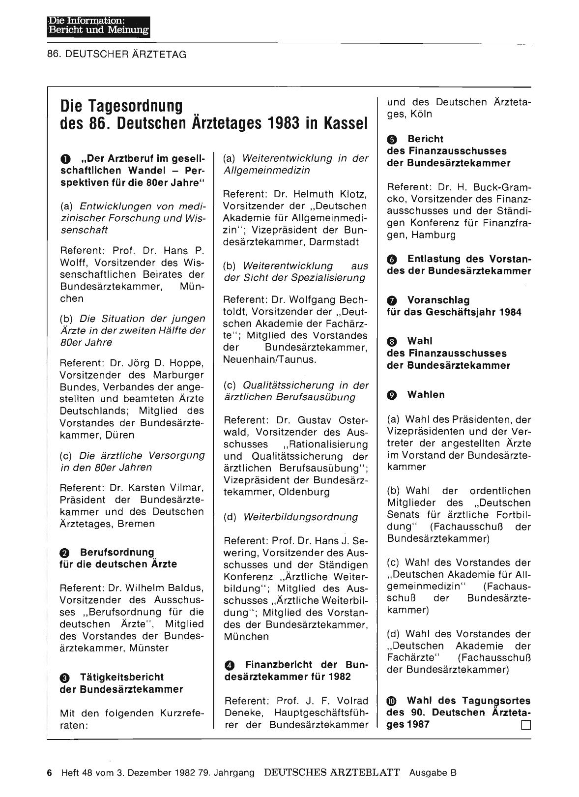Vorschauseite 1: Die Tagesordnung des 86. Deutschen Ärztetages 1983 in Kassel