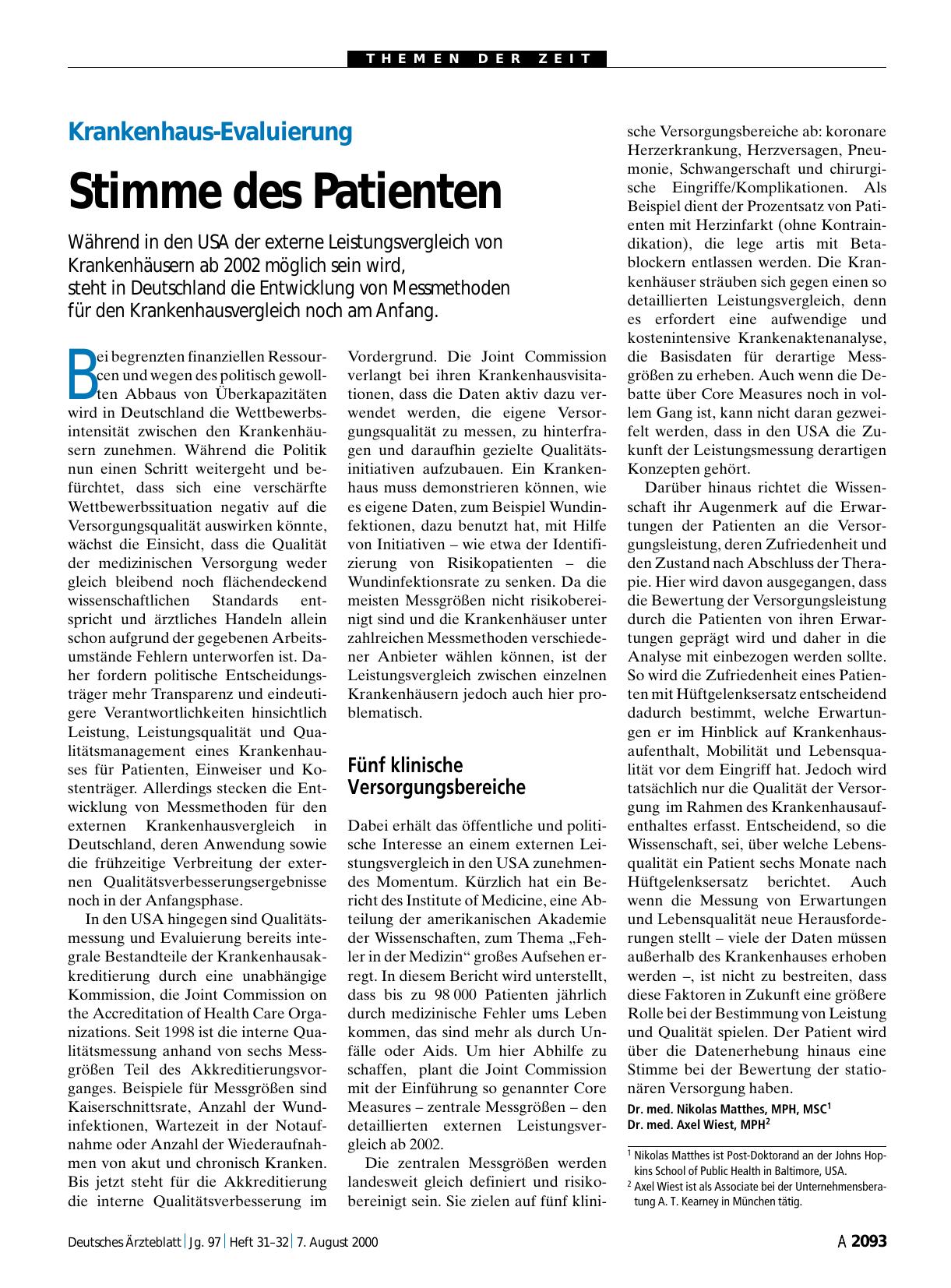 Vorschauseite 1: Krankenhaus-Evaluierung: Stimme des Patienten