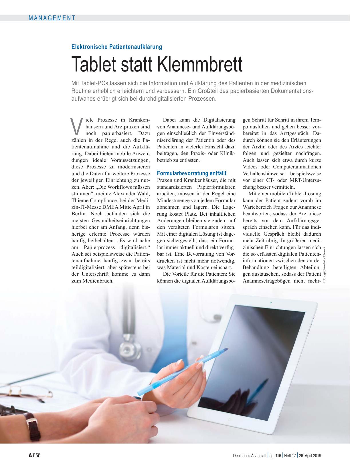 Vorschauseite 1: Elektronische Patientenaufklärung: Tablet statt Klemmbrett