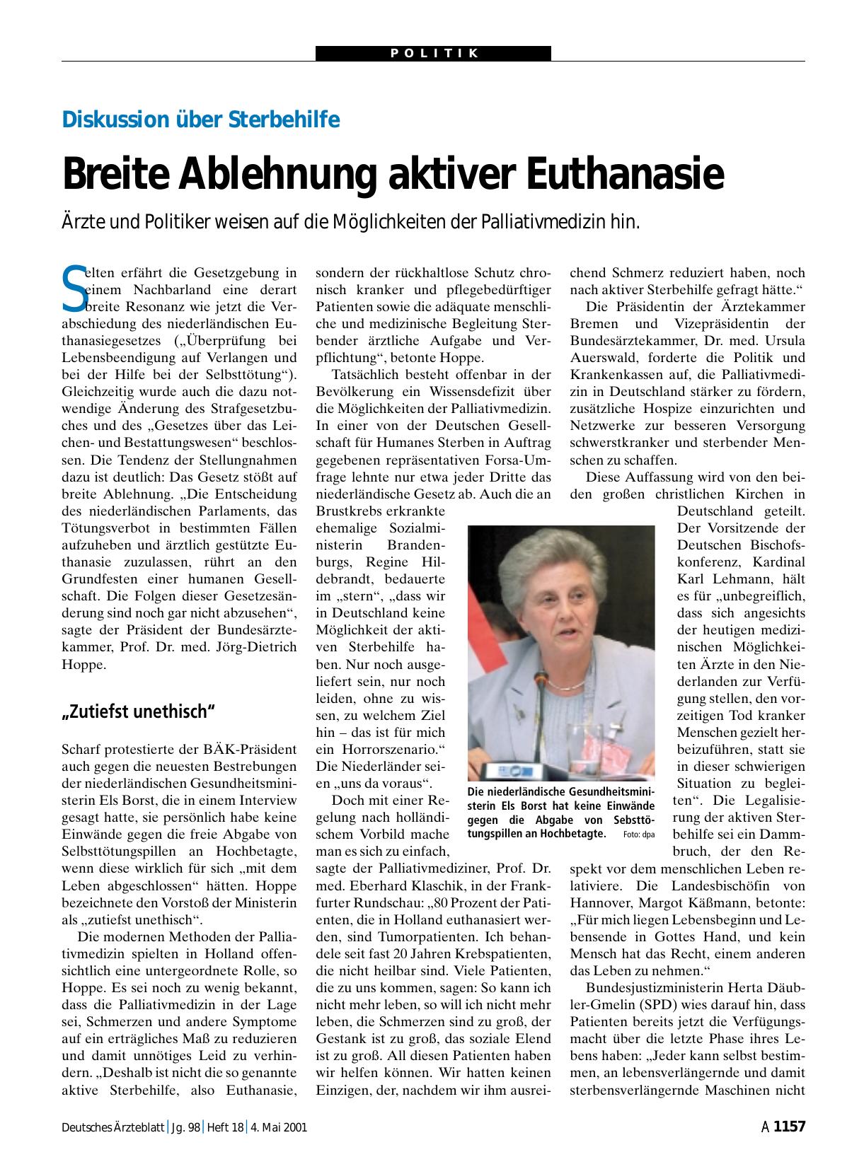 Vorschauseite 1: Diskussion über Sterbehilfe: Breite Ablehnung aktiver Euthanasie