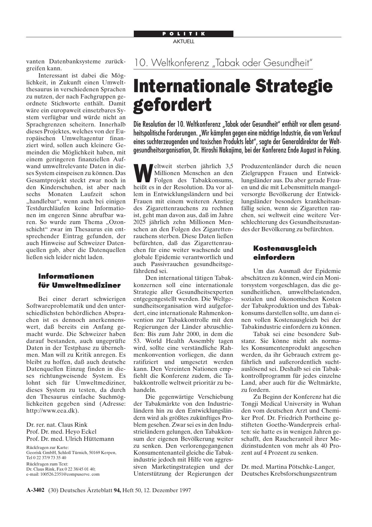 Vorschauseite 1: 10. Weltkonferenz „Tabak oder Gesundheit“: Internationale Strategiegefordert