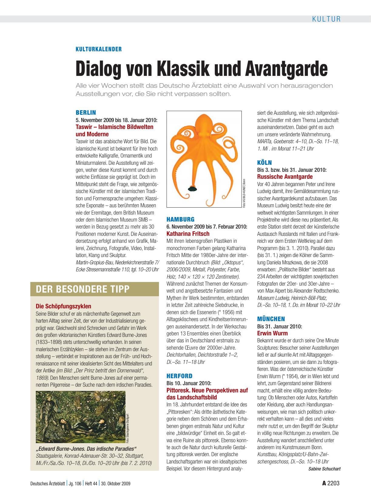 Vorschauseite 1: Kulturkalender: Dialog von Klassik und Avantgarde