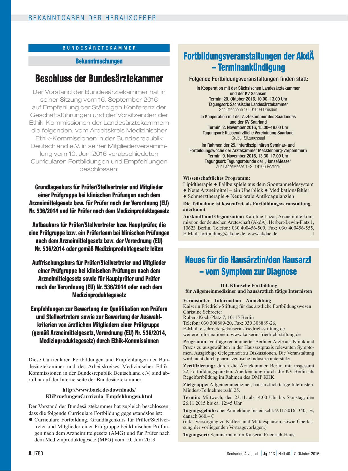Vorschauseite 1: Fortbildungsveranstaltungen der AkdÄ – Terminankündigung