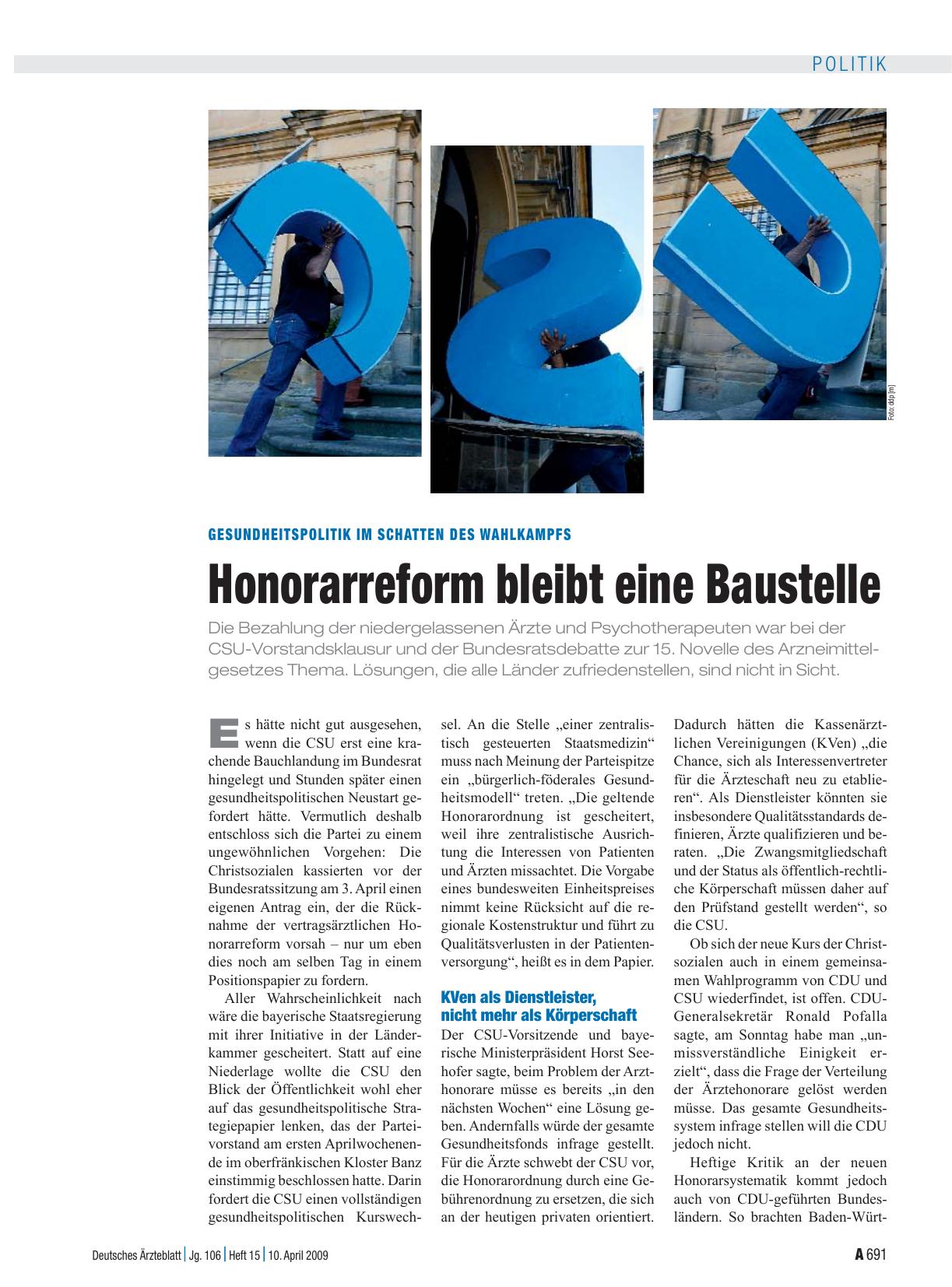 Vorschauseite 1: Gesundheitspolitik im Schatten des Wahlkampfs: Honorarreform bleibt eine Baustelle