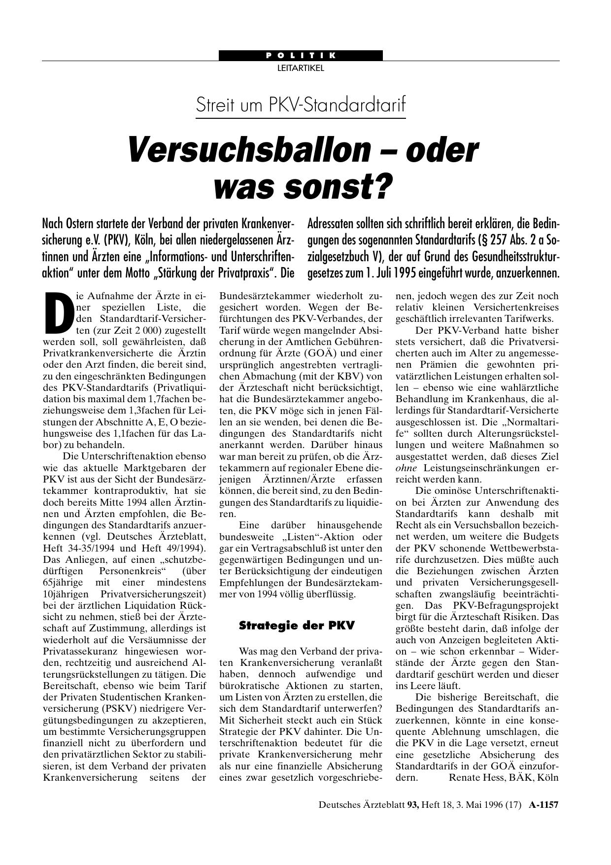 Vorschauseite 1: Streit um PKV-Standardtarif: Versuchsballon – oder was sonst?