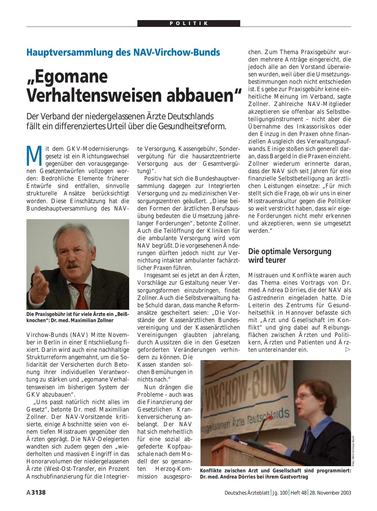 Vorschauseite 1: Hauptversammlung des NAV-Virchow-Bunds: „Egomane Verhaltensweisen abbauen“