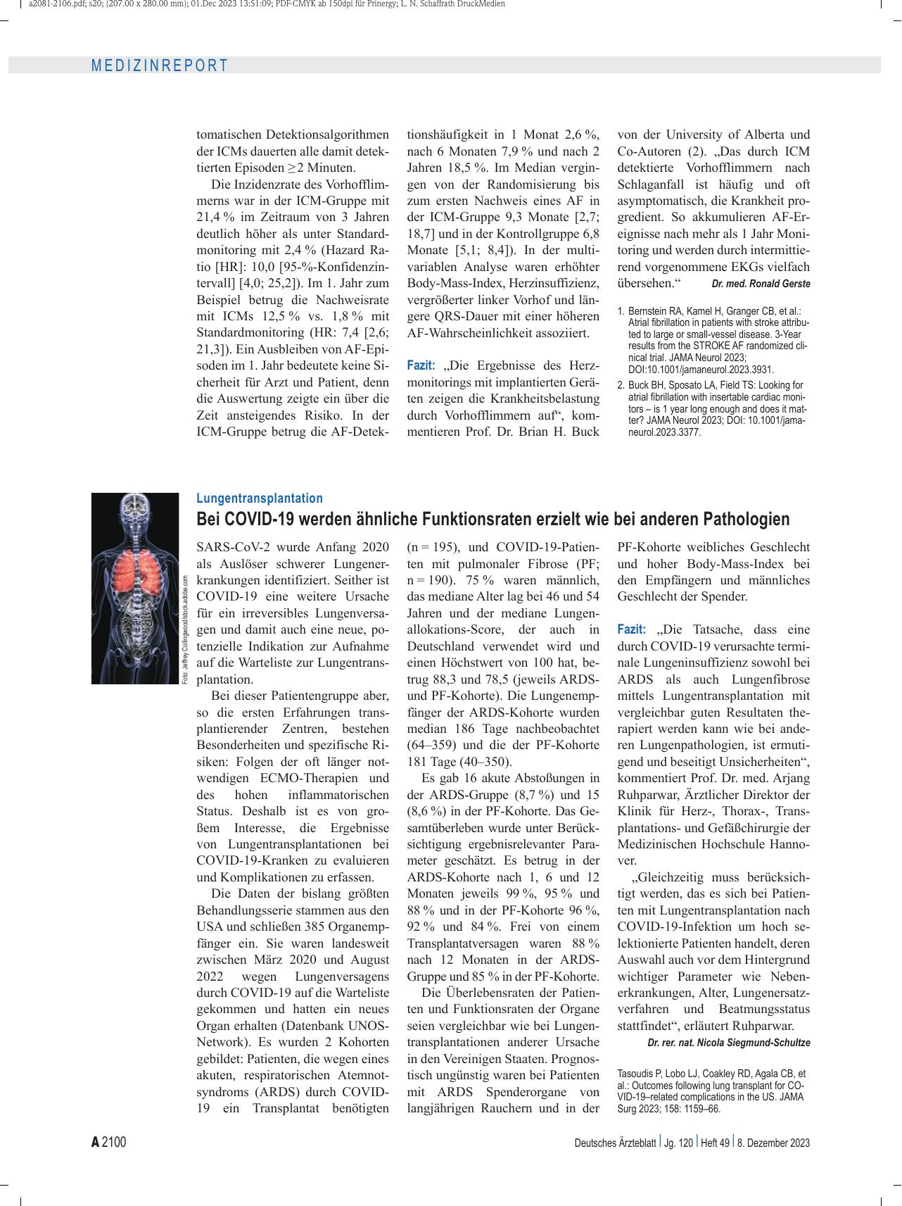 Vorschauseite 1: Lungentransplantation: Bei COVID-19 werden ähnliche Funktionsraten erzielt wie bei anderen Pathologien.