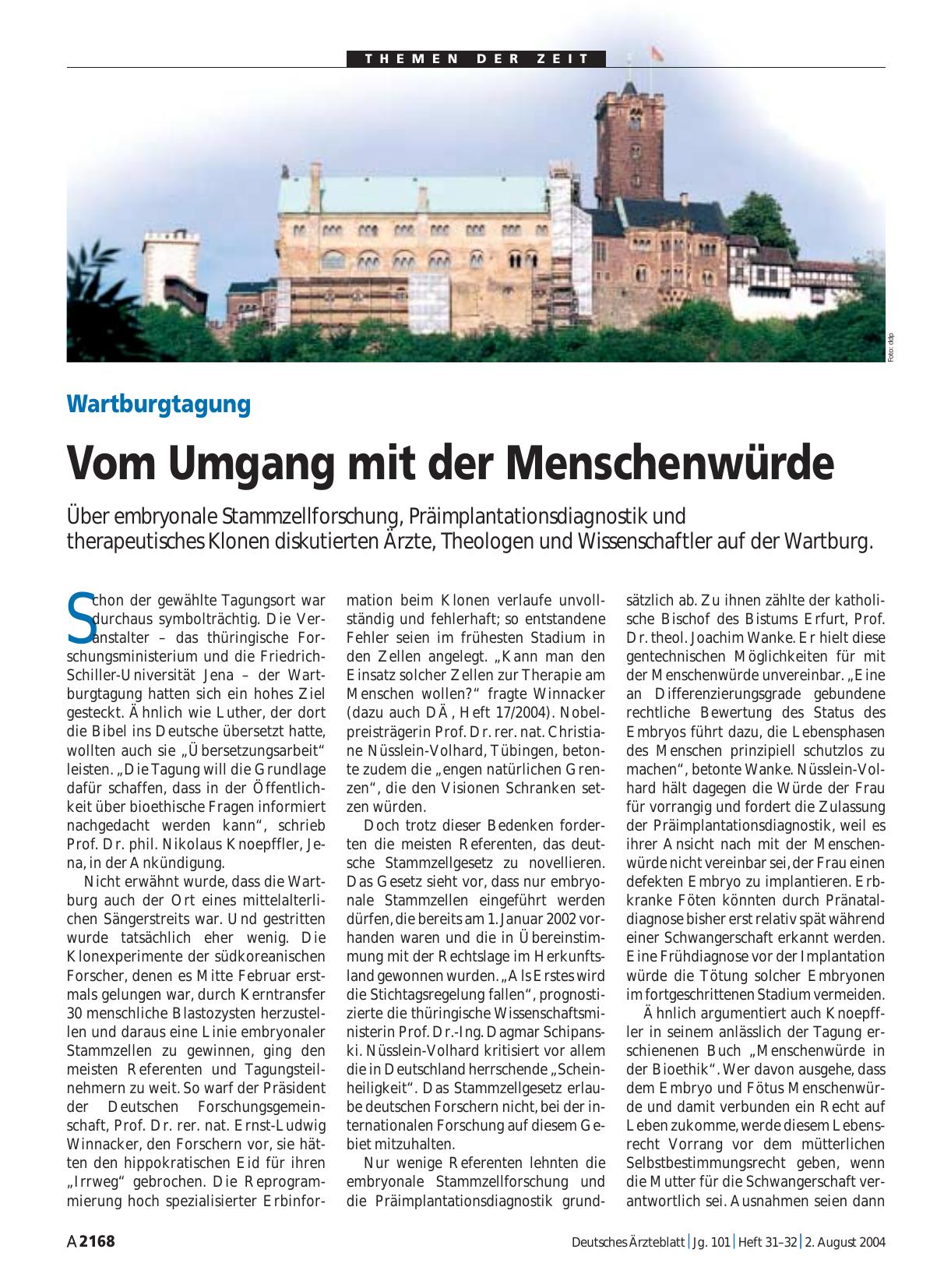 Vorschauseite 1: Wartburgtagung: Vom Umgang mit der Menschenwürde