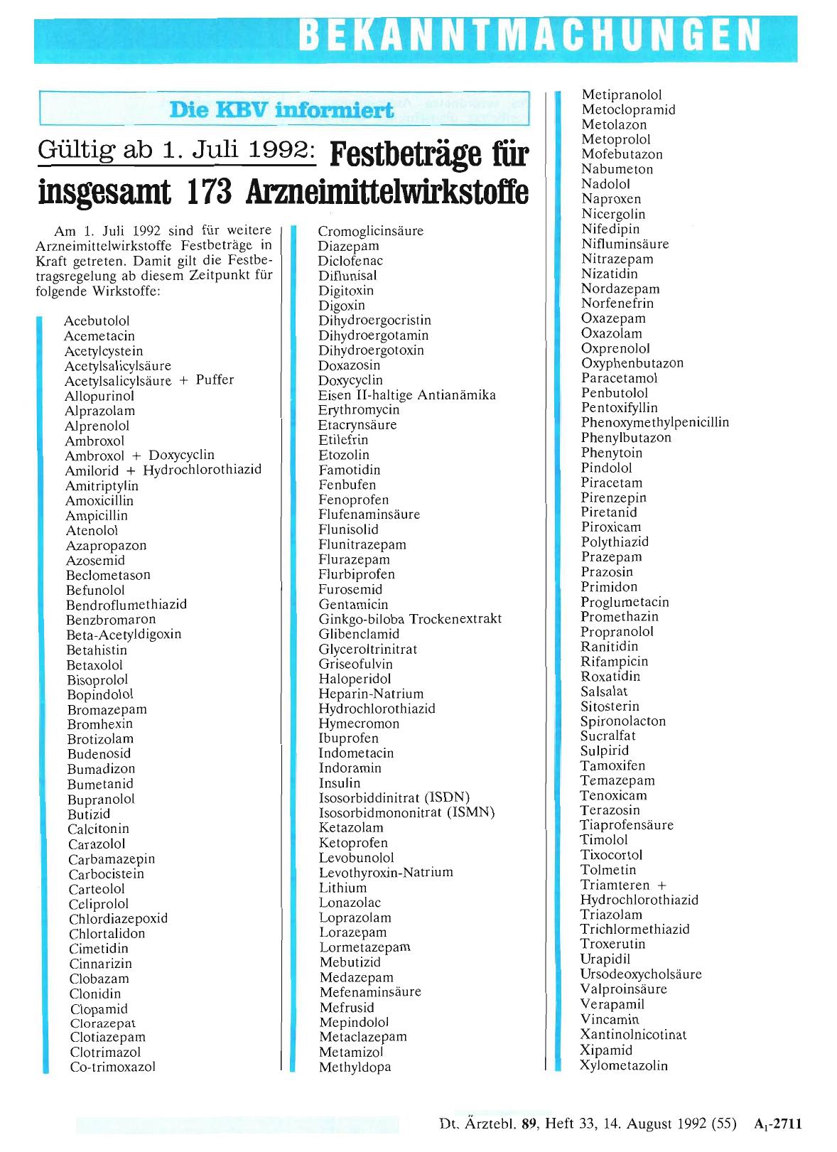 Vorschauseite 1: Gültig ab 1. Juli 1992: Festbeträge für insgesamt 173 Arzneimittelwirkstoffe