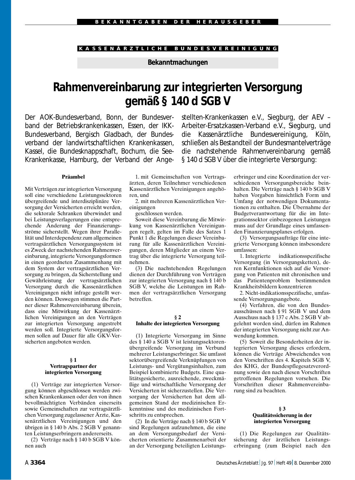 Vorschauseite 1: Bekanntmachungen: Rahmenvereinbarung zur integrierten Versorgung gemäß § 140 d SGB V