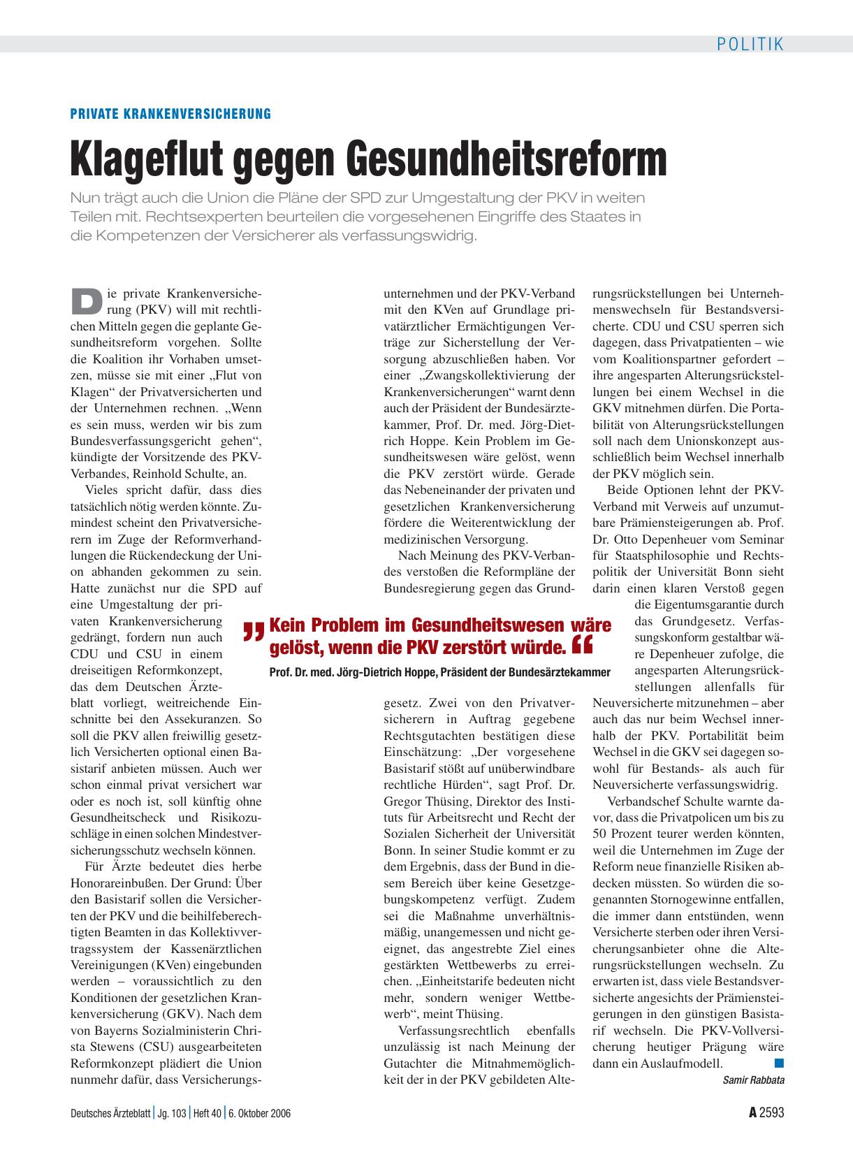 Vorschauseite 1: Private Krankenversicherung: Klageflut gegen Gesundheitsreform