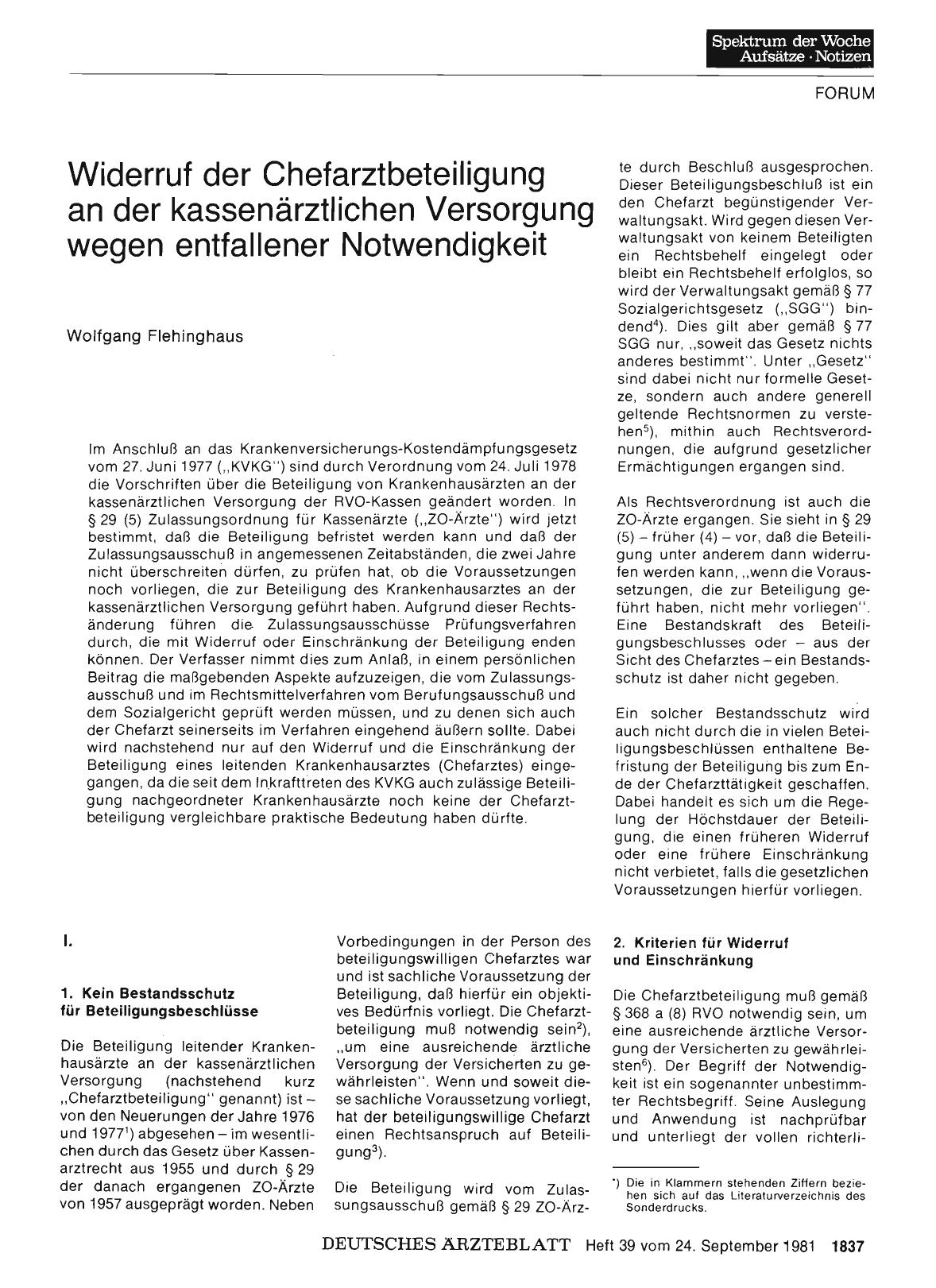 Vorschauseite 1: Widerruf der Chefarztbeteiligung an der kassenärztlichen Versorgung wegen entfallener Notwendigkeit