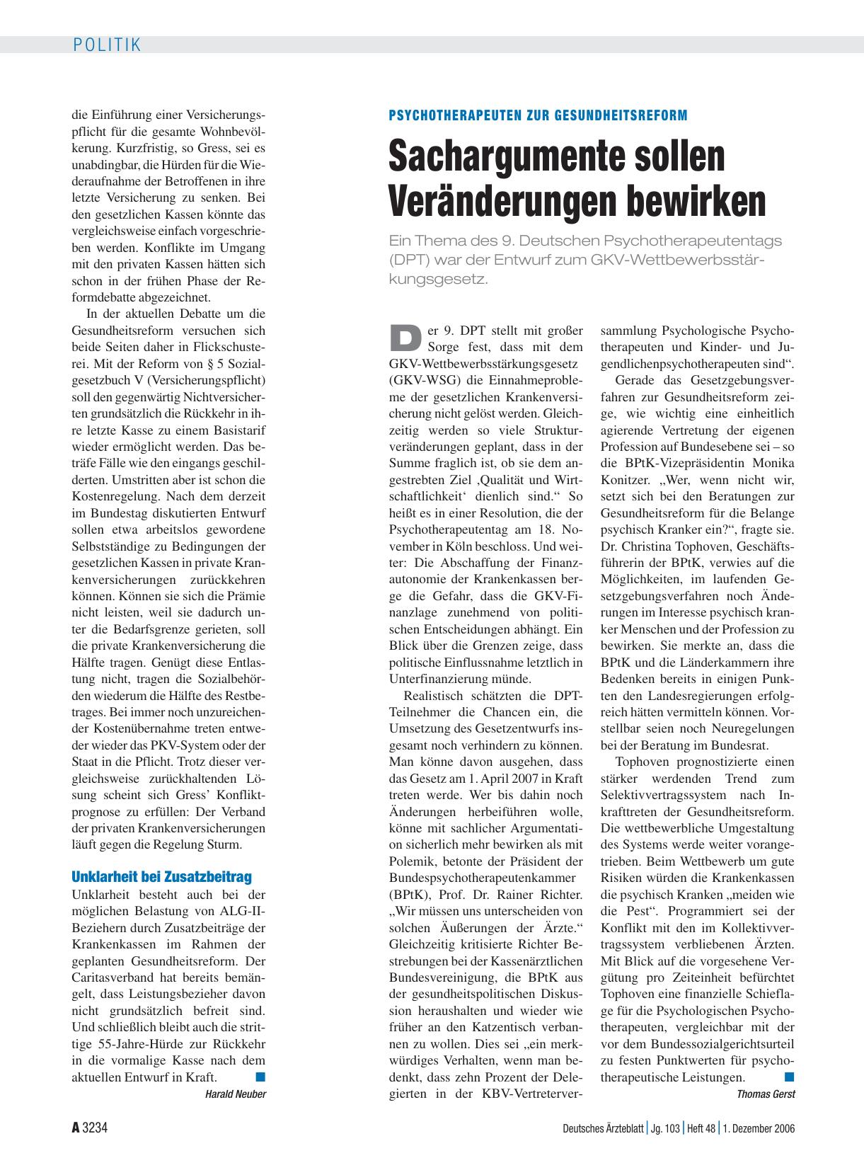Vorschauseite 1: Psychotherapeuten zur Gesundheitsreform: Sachargumente sollen Veränderungen bewirken