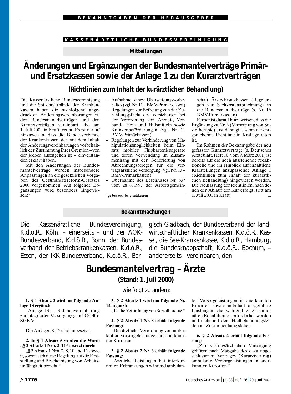 Vorschauseite 1: Änderungen und Ergänzungen der Bundesmantelverträge Primärund Ersatzkassen sowie der Anlage 1 zu den Kurarztverträgen: (Richtlinien zum Inhalt der kurärztlichen Behandlung)
