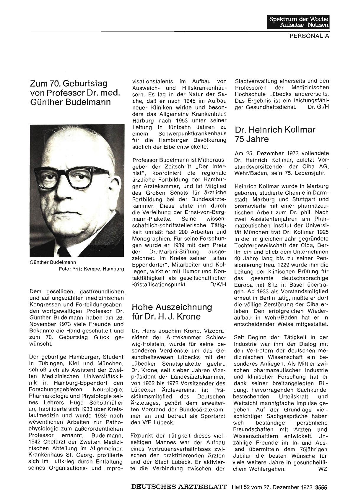 Vorschauseite 1: Dr. Heinrich Kollmar 75 Jahre