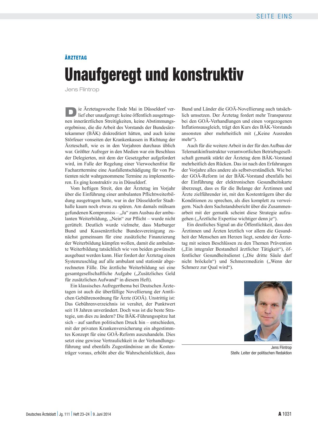 Vorschauseite 1: Ärztetag: Unaufgeregt und konstruktiv