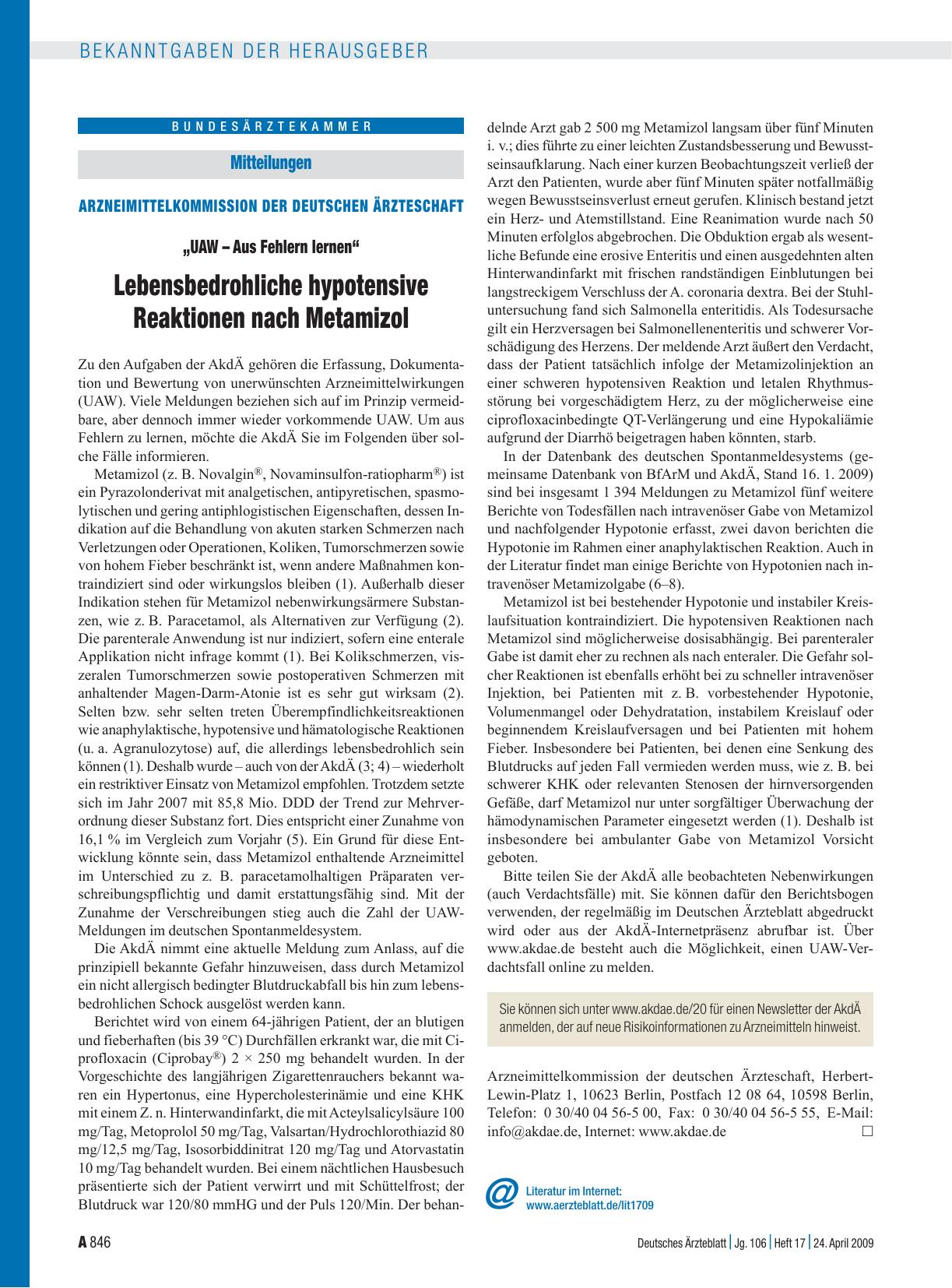 Vorschauseite 1: Mitteilungen: Arzneimittelkommission der deutschen Ärzteschaft „UAW – Aus Fehlern lernen“ - Lebensbedrohliche hypotensive Reaktionen nach Metamizol