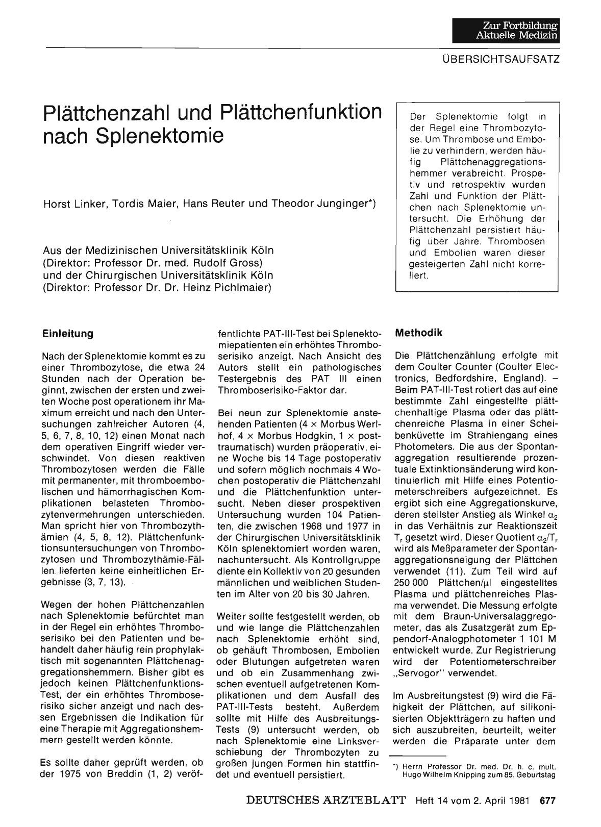 Vorschauseite 1: Plättchenzahl und Plättchenfunktion nach Splenektomie