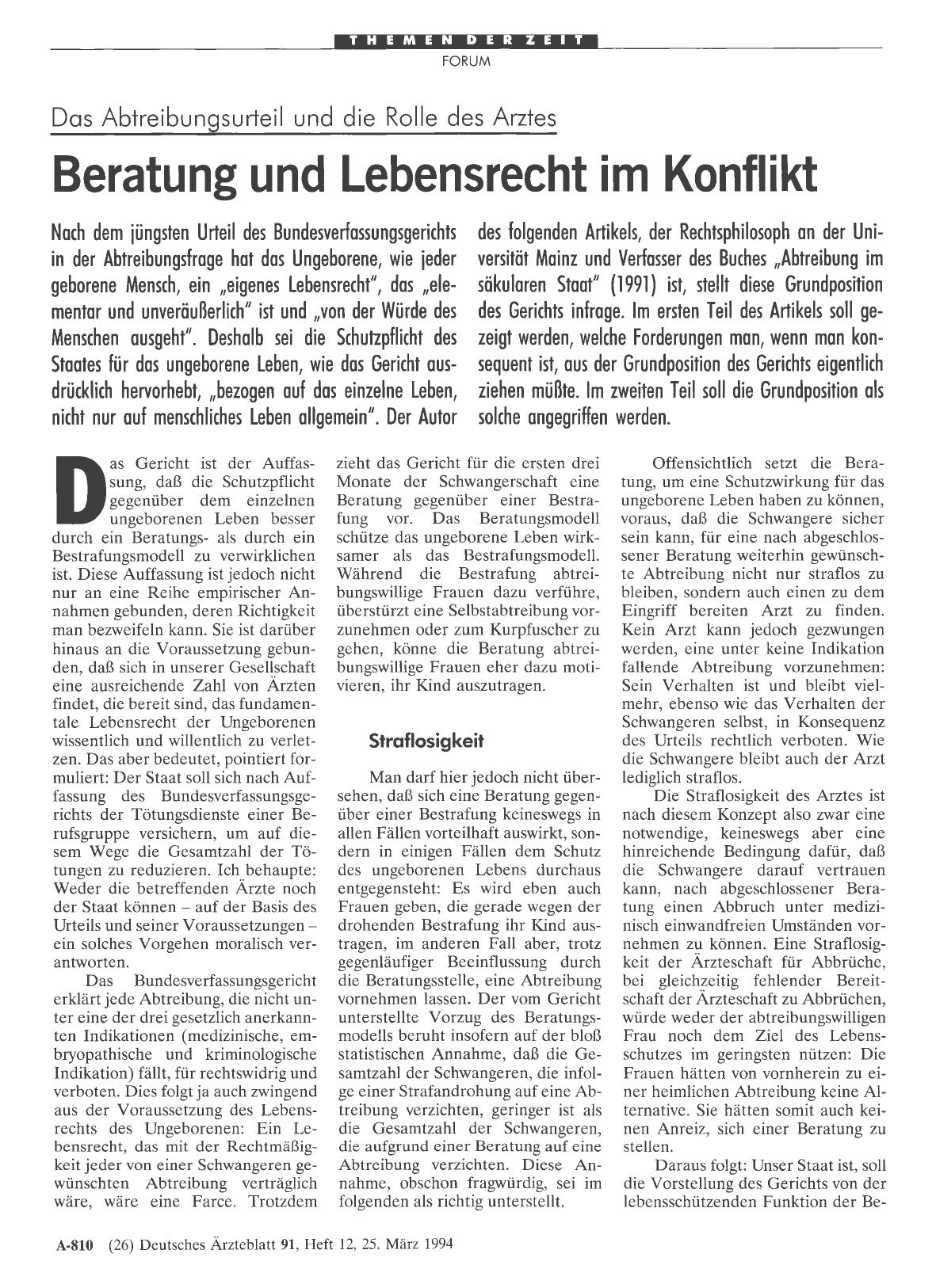Vorschauseite 1: Das Abtreibungsurteil und die Rolle des Arztes: Beratung und Lebensrecht im Konflikt