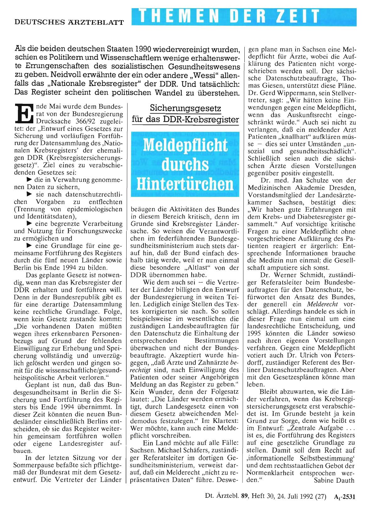 Vorschauseite 1: Sicherungsgesetz für das DDR-Krebsregister: Meldepflicht durchs Hintertürchen