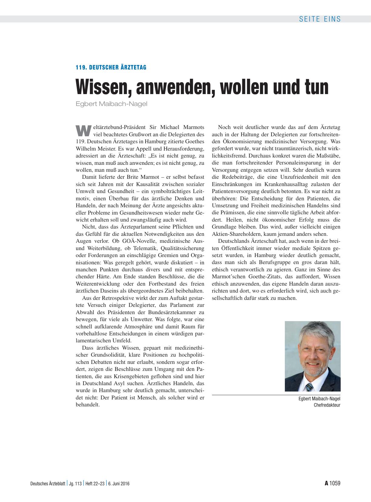 Vorschauseite 1: 119. Deutscher Ärztetag: Wissen, anwenden, wollen und tun