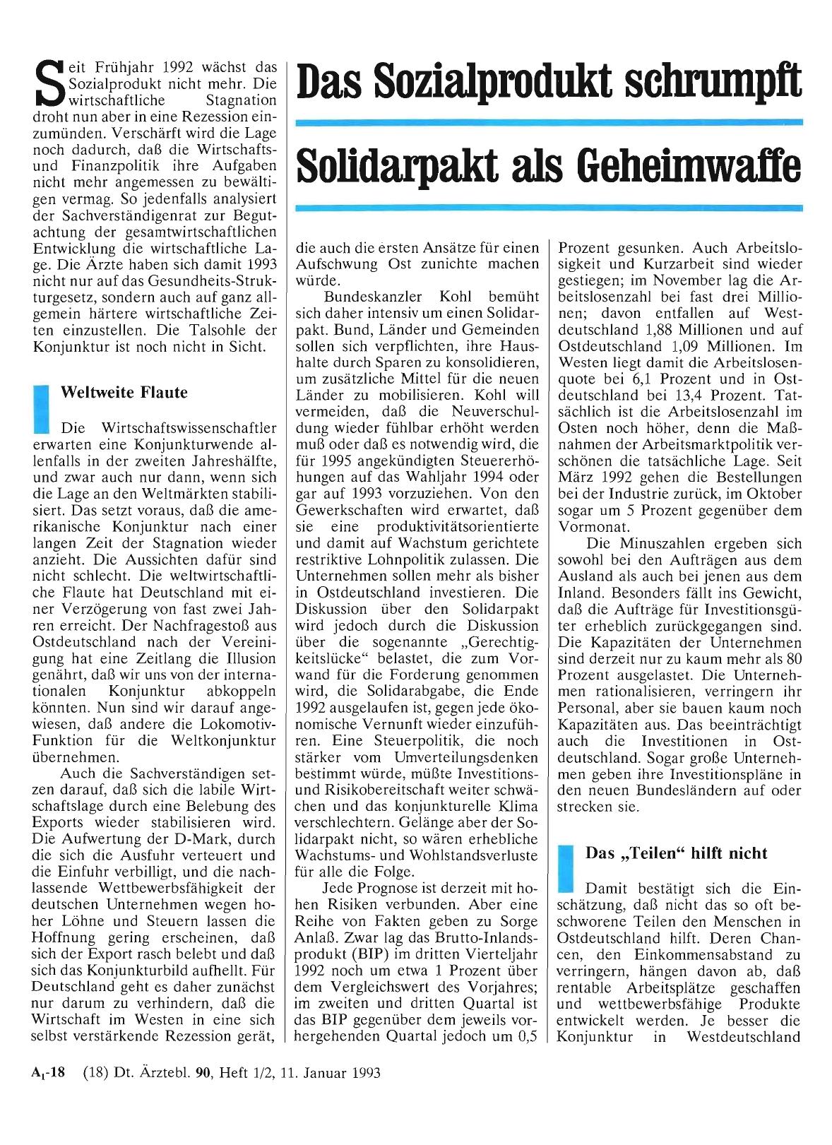 Vorschauseite 1: Das Sozialprodukt schrumpft: Solidarpakt als Geheimwaffe