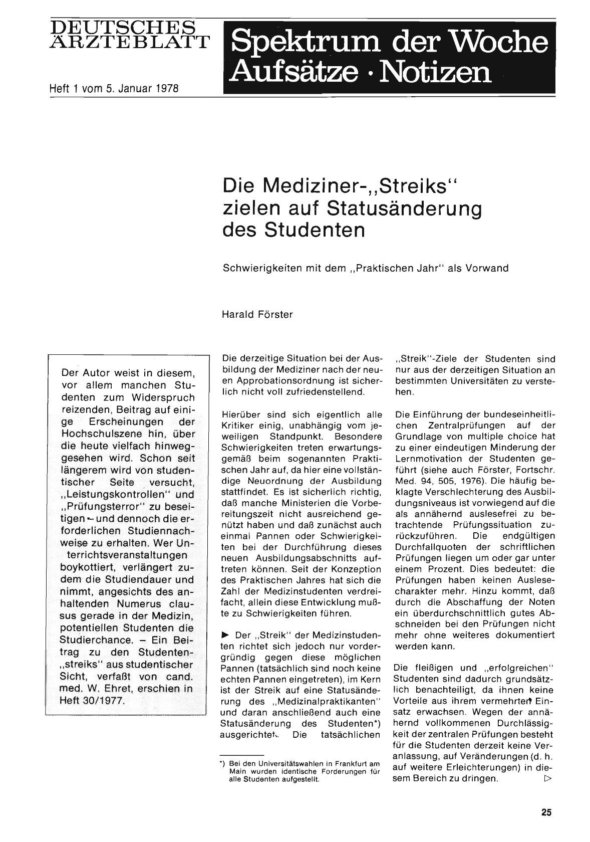Vorschauseite 1: Die Mediziner-„Streiks“ zielen auf Statusänderung des Studenten Schwierigkeiten mit dem „Praktischen Jahr“ als Vorwand