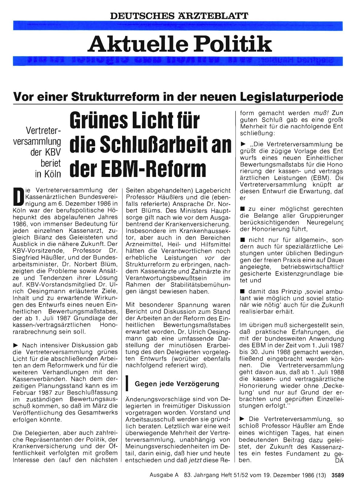Vorschauseite 1: Vor einer Strukturreform in der neuen Legislaturperiode: Grünes Licht für die Schlußarbeit an der EBM-Reform