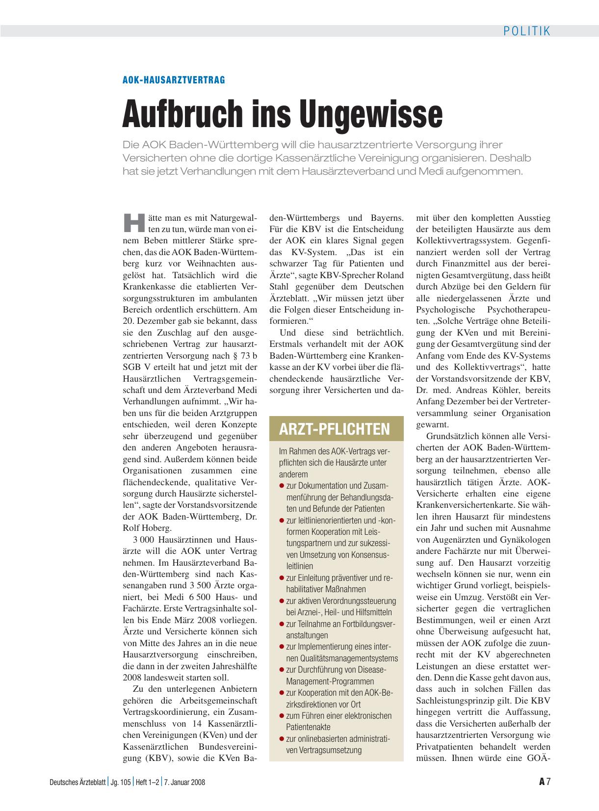 Vorschauseite 1: AOK-Hausarztvertrag: Aufbruch ins Ungewisse