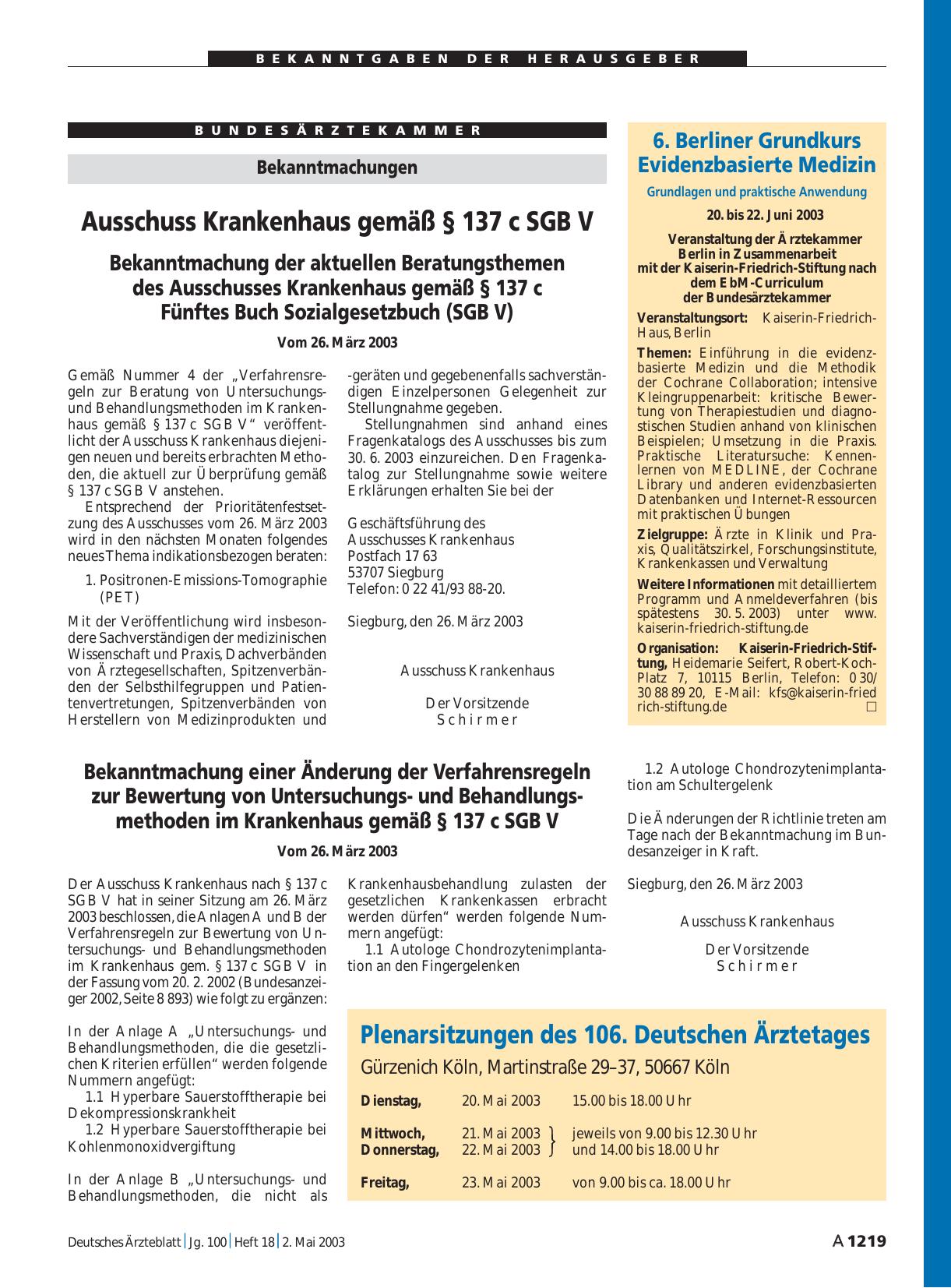 Vorschauseite 1: Plenarsitzungen des 106. Deutschen Ärztetages