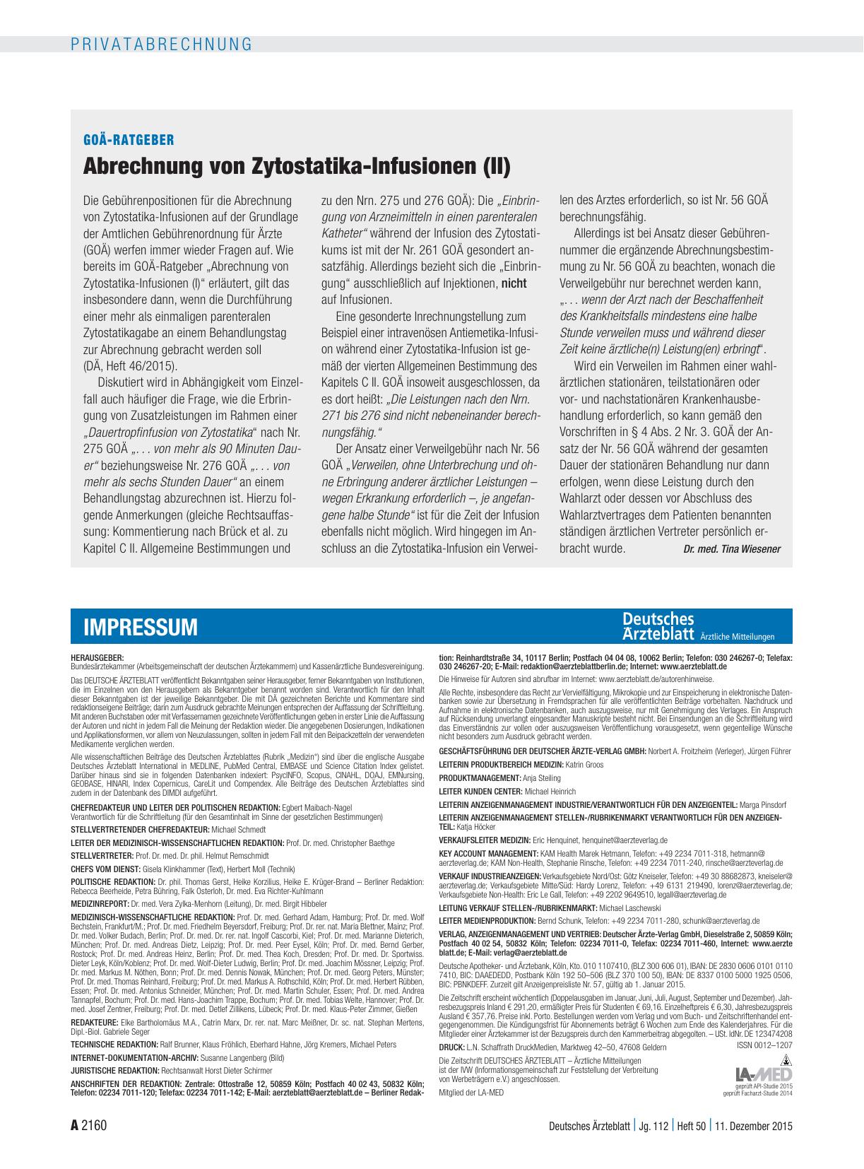 Vorschauseite 1: GOÄ-Ratgeber: Abrechnung von Zytostatika-Infusionen (II)