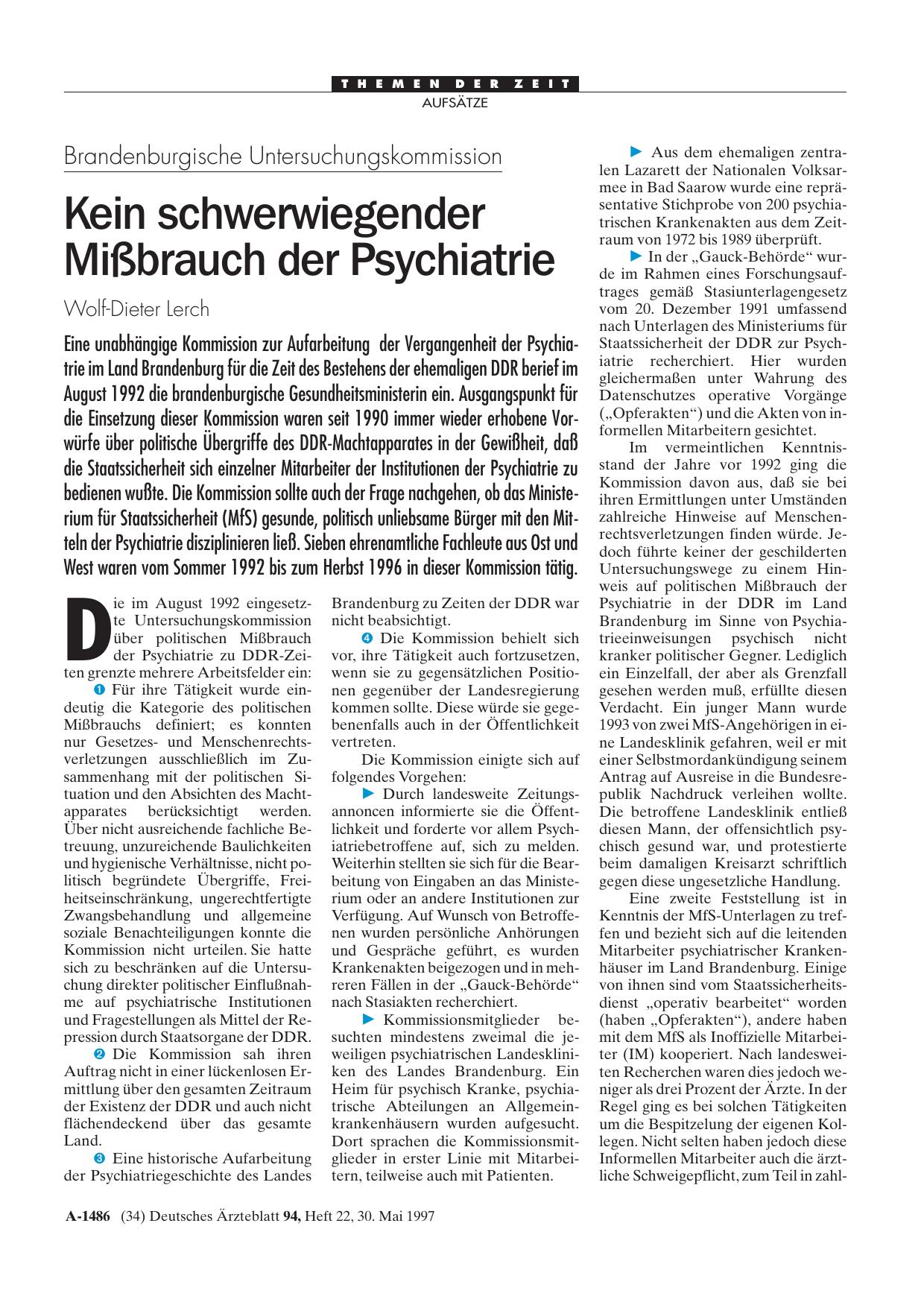 Vorschauseite 1: Brandenburgische Untersuchungskommission: Kein schwerwiegender Mißbrauch der Psychiatrie