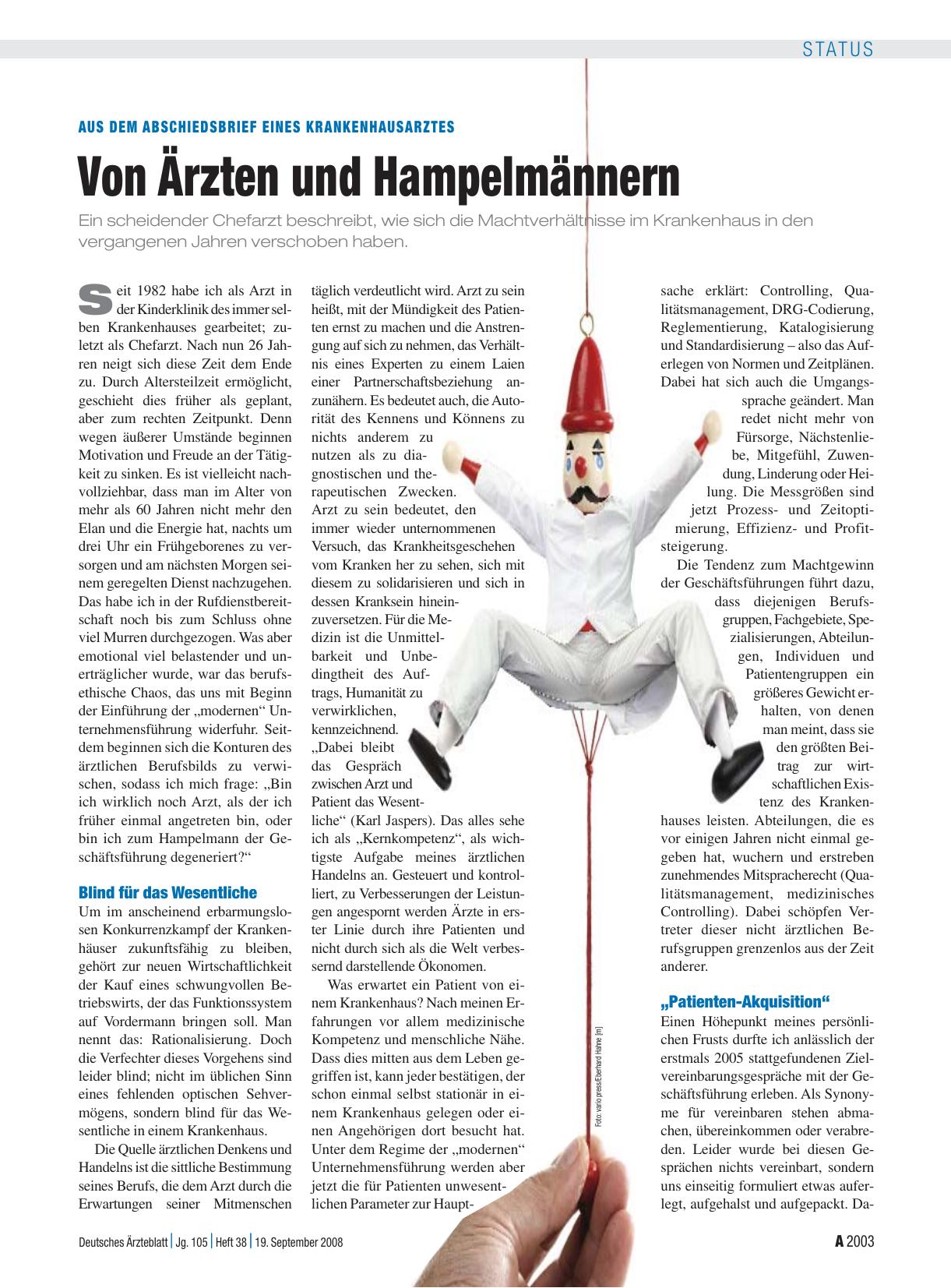 Vorschauseite 1: Aus dem Abschiedsbrief eines Krankenhausarztes: Von Ärzten und Hampelmännern