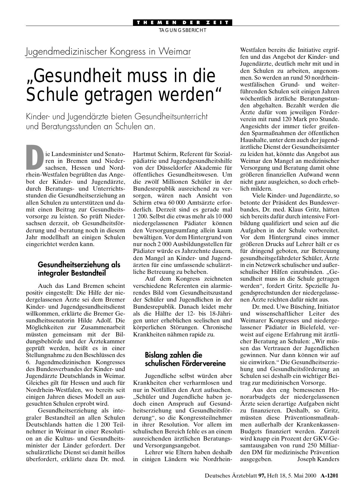 Vorschauseite 1: Jugendmedizinischer Kongress in Weimar: „Gesundheit muss in die Schule getragen werden“