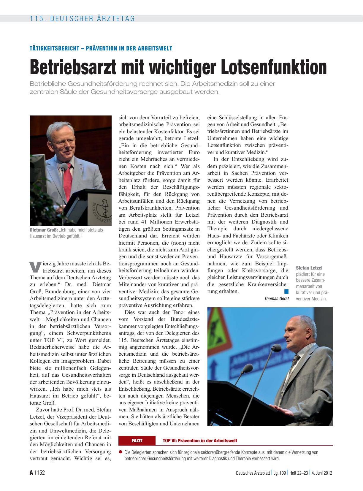 Vorschauseite 1: Tätigkeitsbericht – Prävention in der Arbeitswelt: Betriebsarzt mit wichtiger Lotsenfunktion